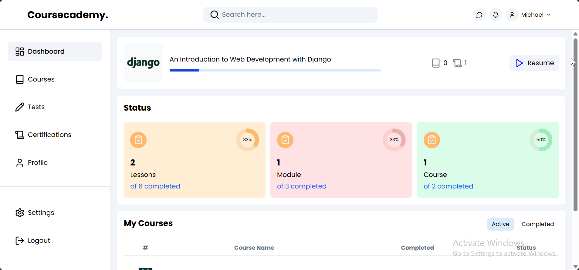 Coursecademy course dashboard